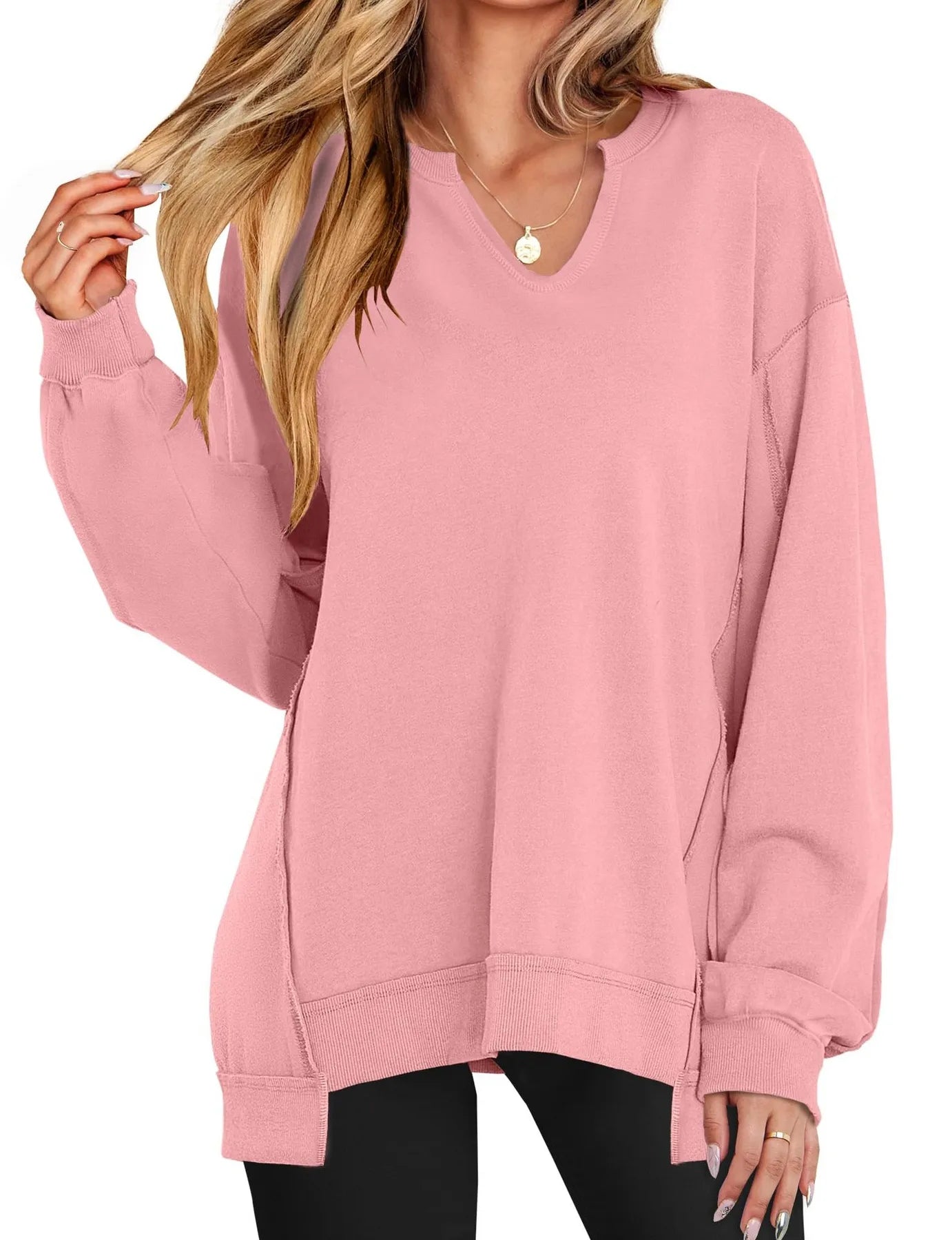 Notched Long Sleeve Oversized Sweatshirt Pink - Fashorio