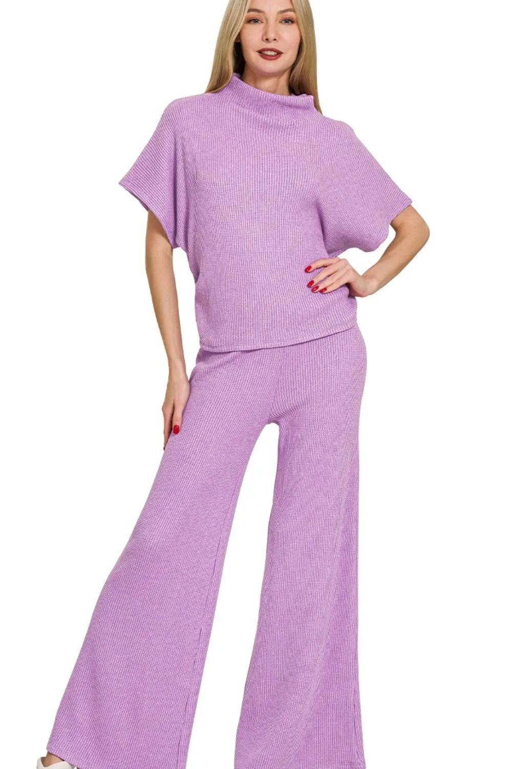 Zenana Sweater Mock Neck Top & Long Pants Set B LAVENDER - Fashorio