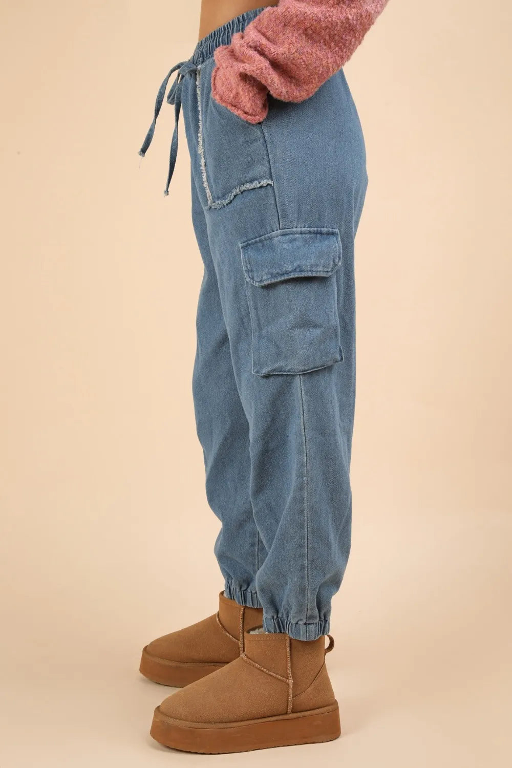 VERY J Washed Drawstring Jogger Cargo Jeans - Fashorio