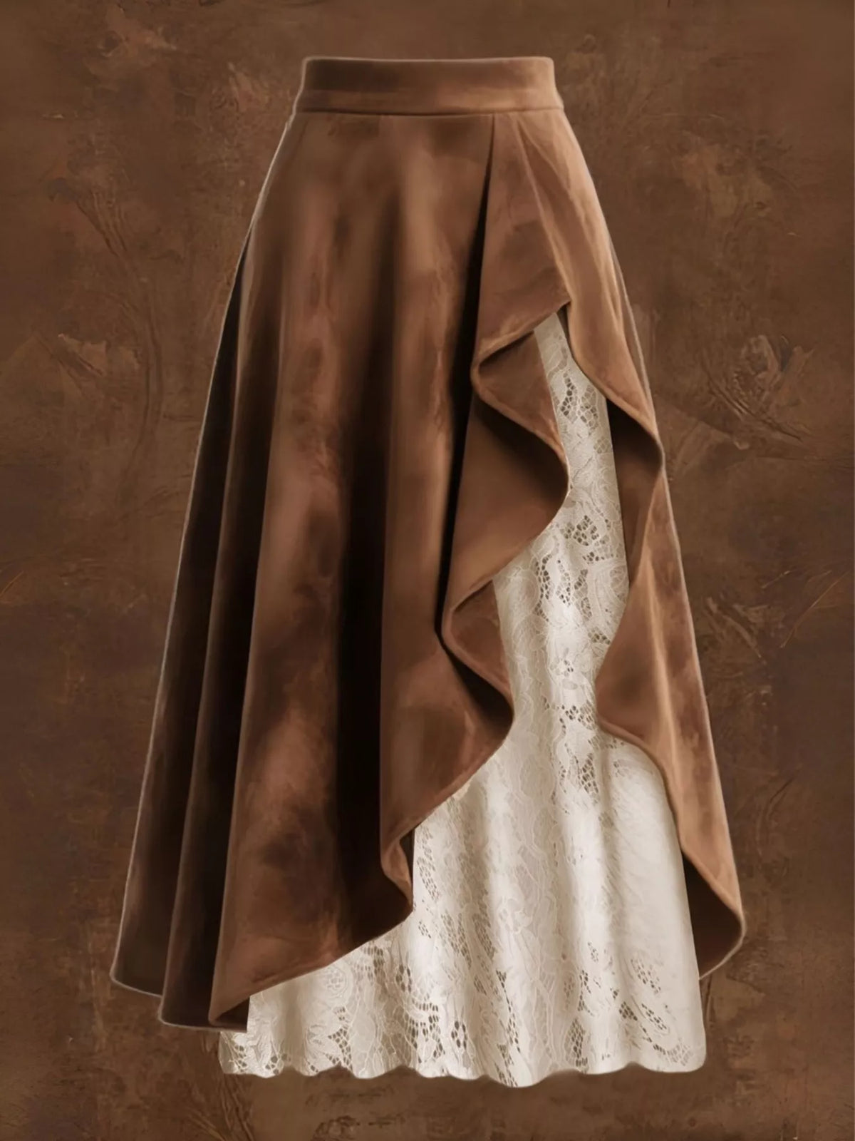 brown lace ruffle midi skirt side view