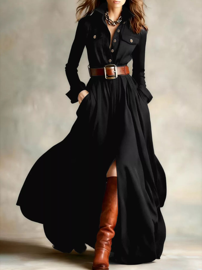 black button front long sleeve maxi dress front view