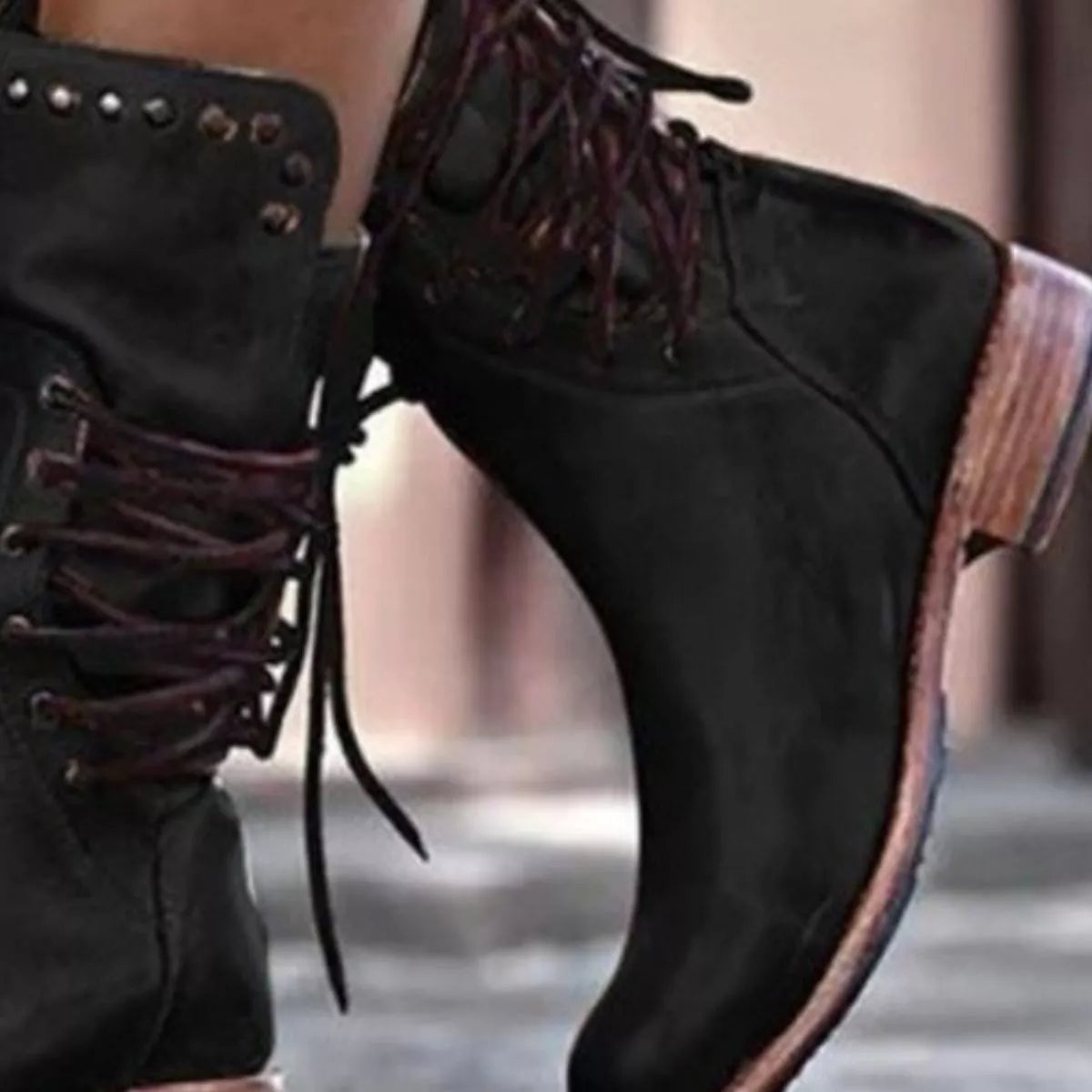 Lace up block heel boots angled view