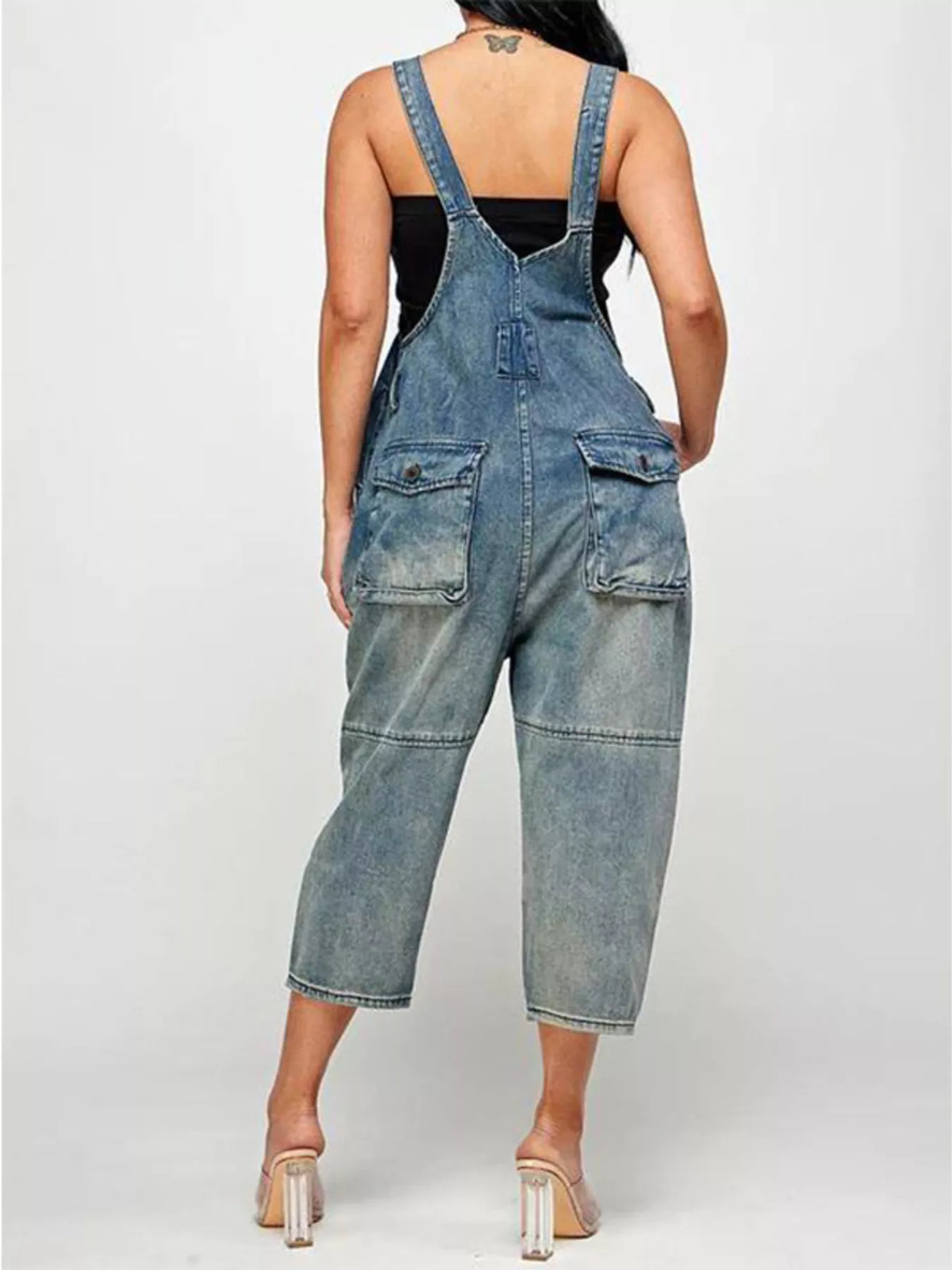 Denim overalls button front detail dirty blue wash