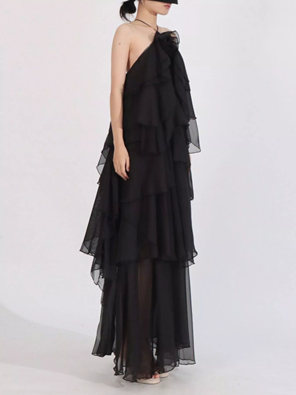 Ruffled chiffon halter neck maxi dress full length look
