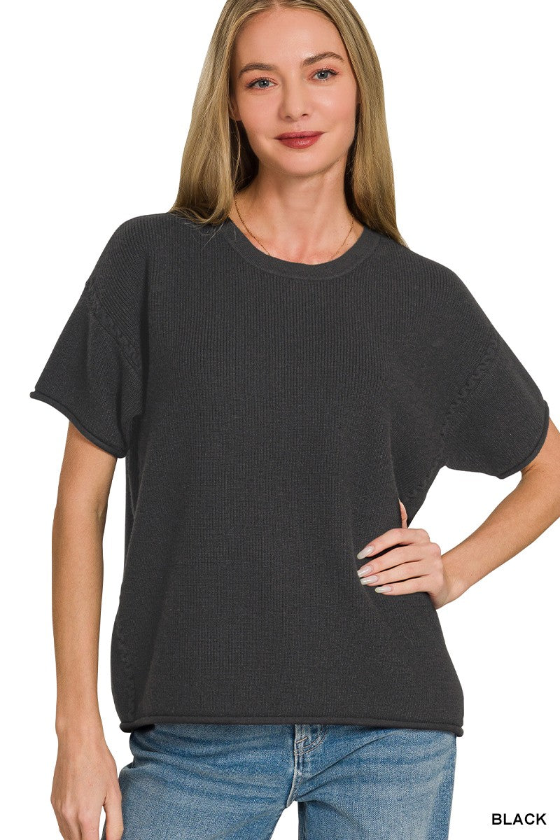 Black viscose round neck short sleeve sweater front view