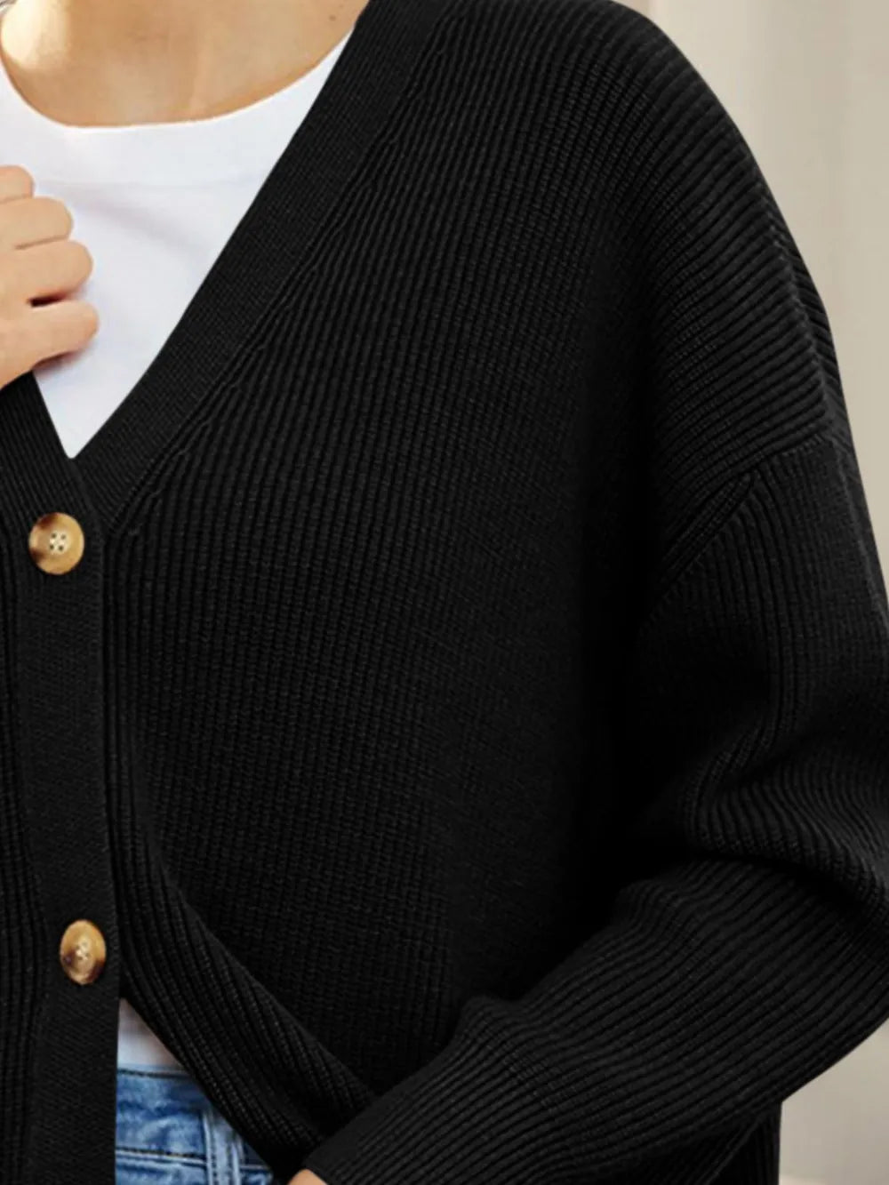 Button Down V-Neck Long Sleeve Cardigan - Fashorio