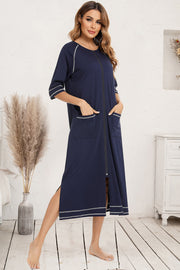 Zip Up Slit Round Neck Night Dress with Pockets Dark Navy - Fashorio