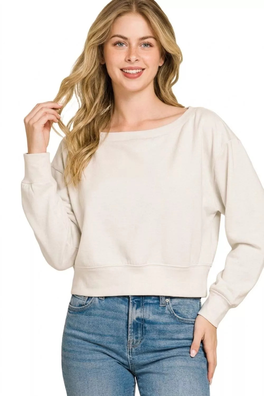 Cropped scuba pullover on model