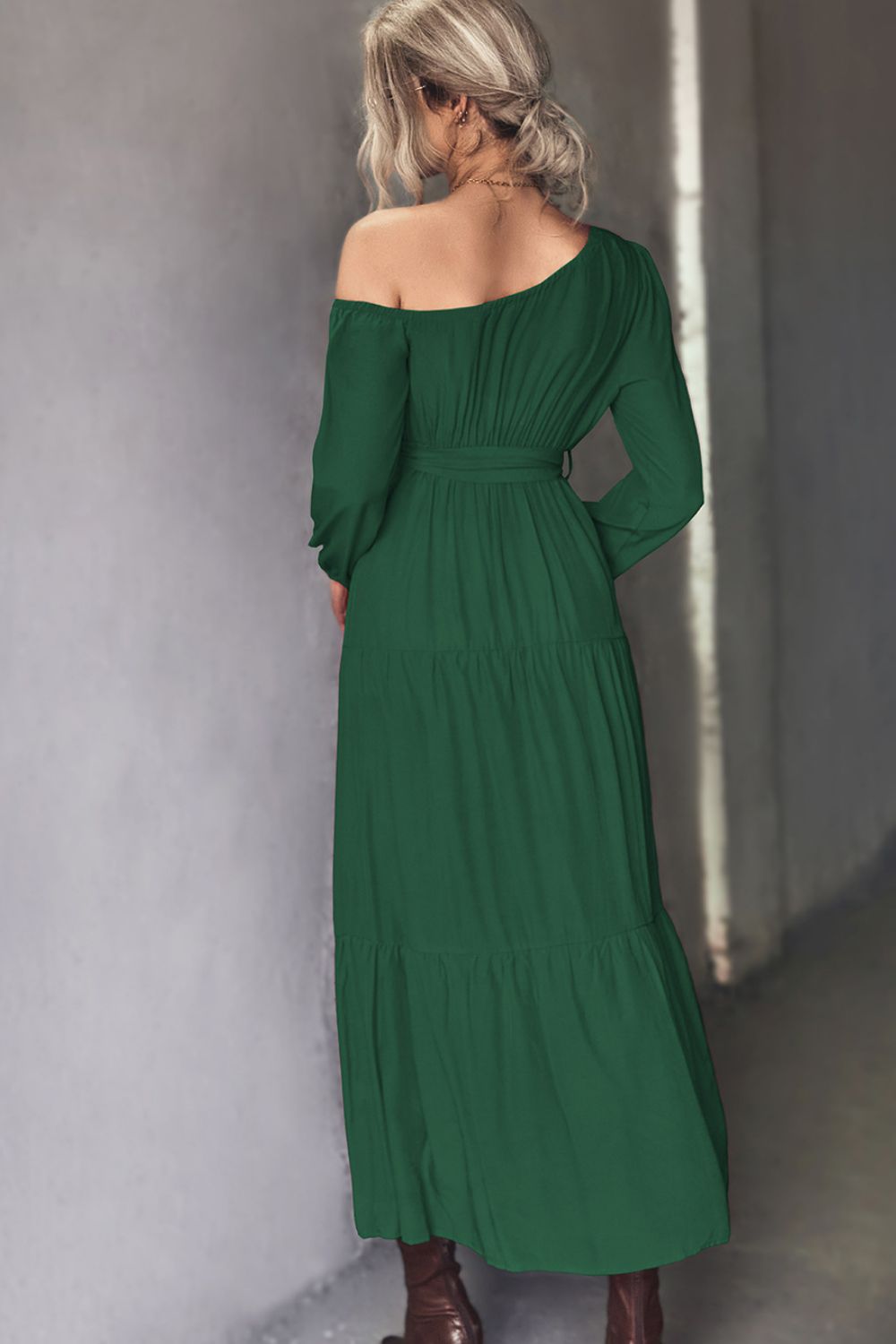 Belted One-Shoulder Tiered Maxi Dress - Fashorio