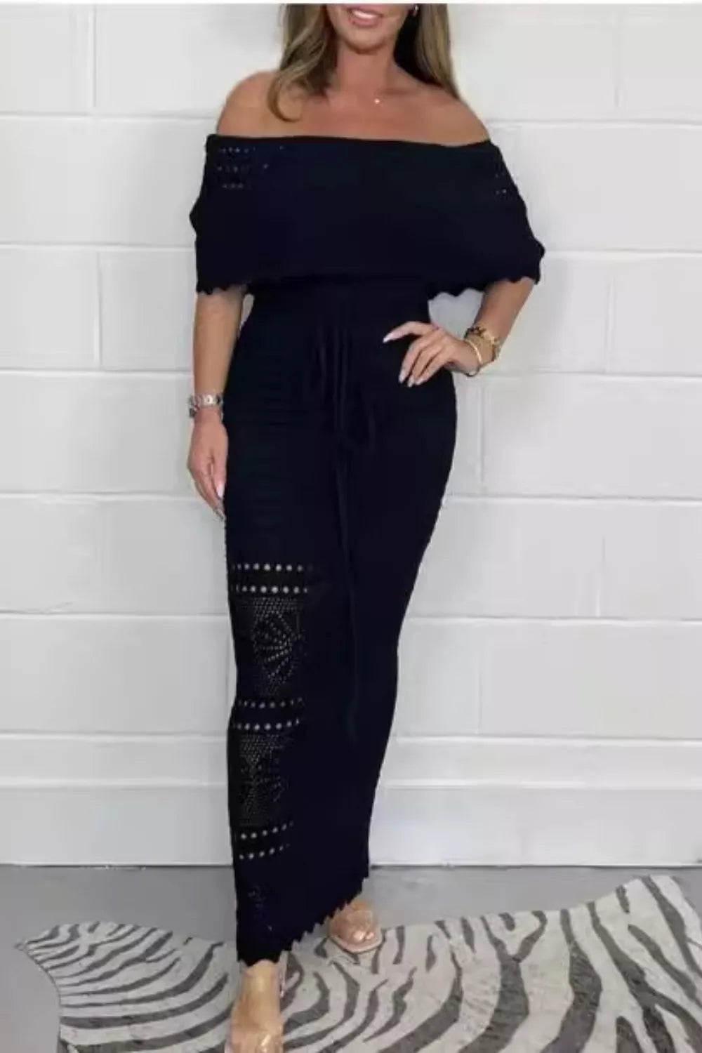 Crochet off shoulder maxi dress detail view