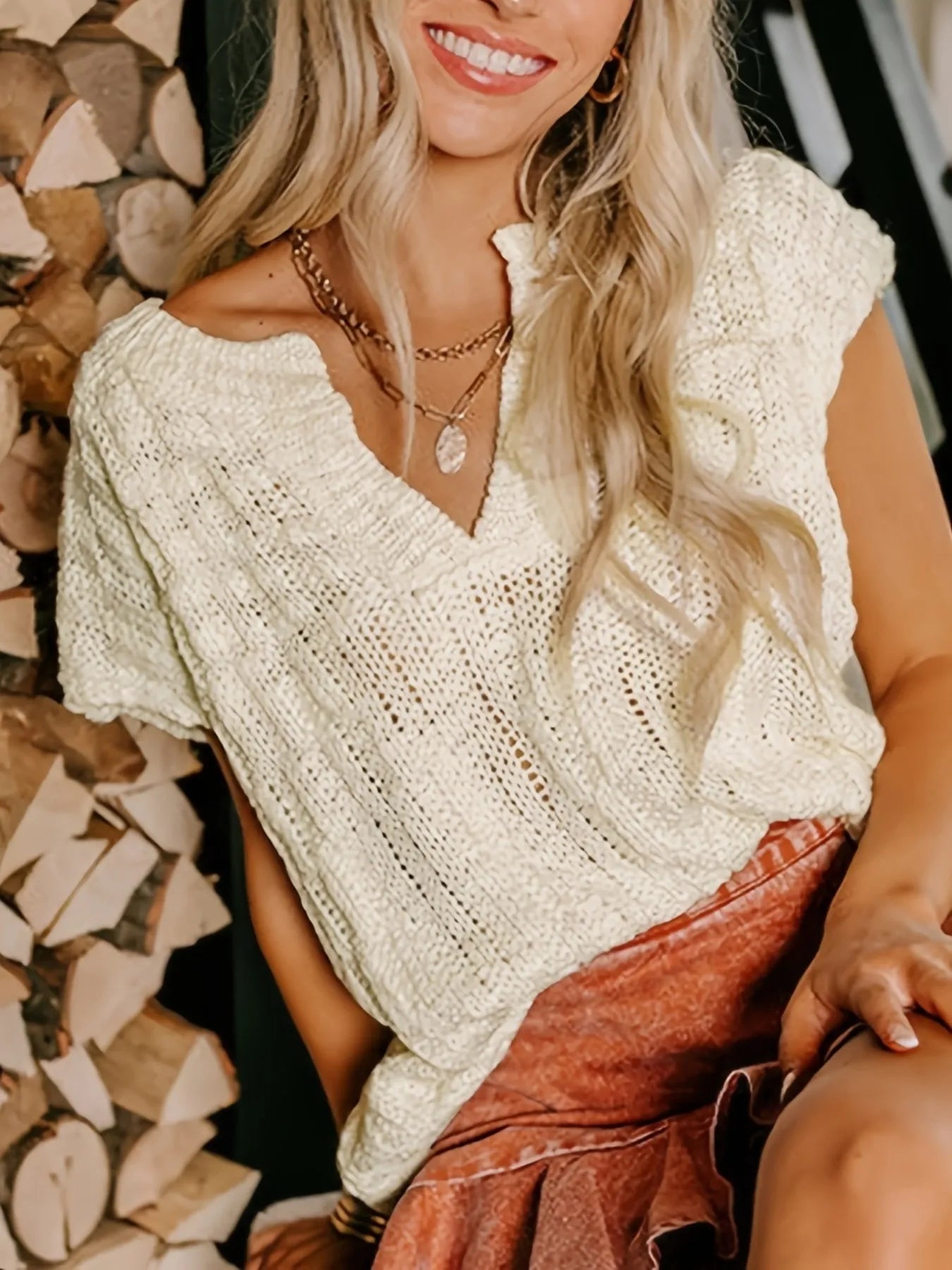 Notched Short Sleeve Sweater - Fashorio