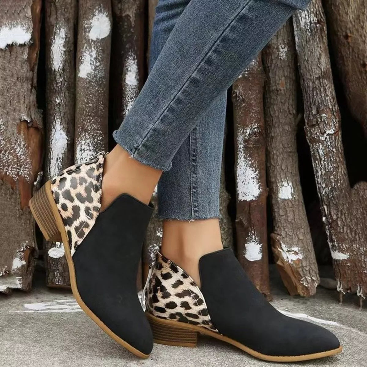 leopard point toe block heel boots front view