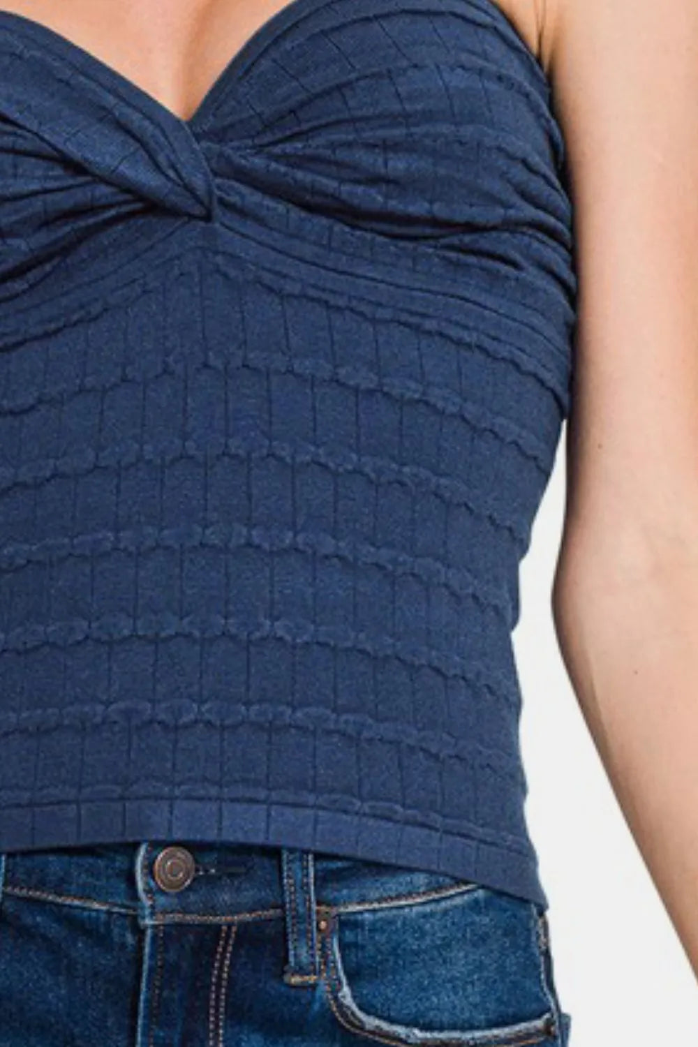 Navy ruched top side view