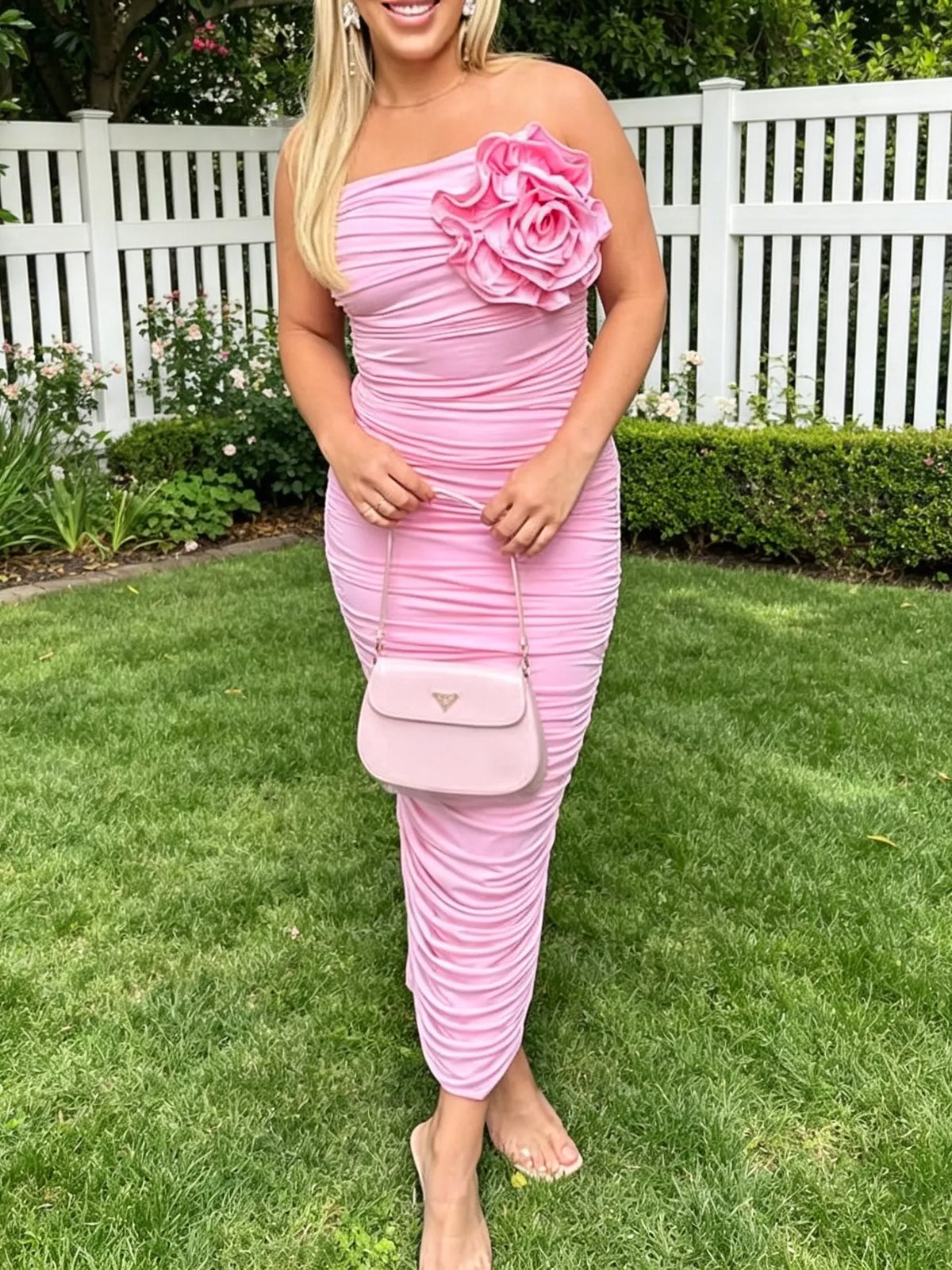 floral ruched strapless bodycon midi dress front view