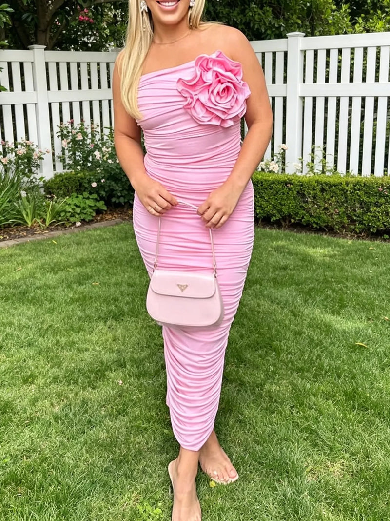 floral ruched strapless bodycon midi dress front view