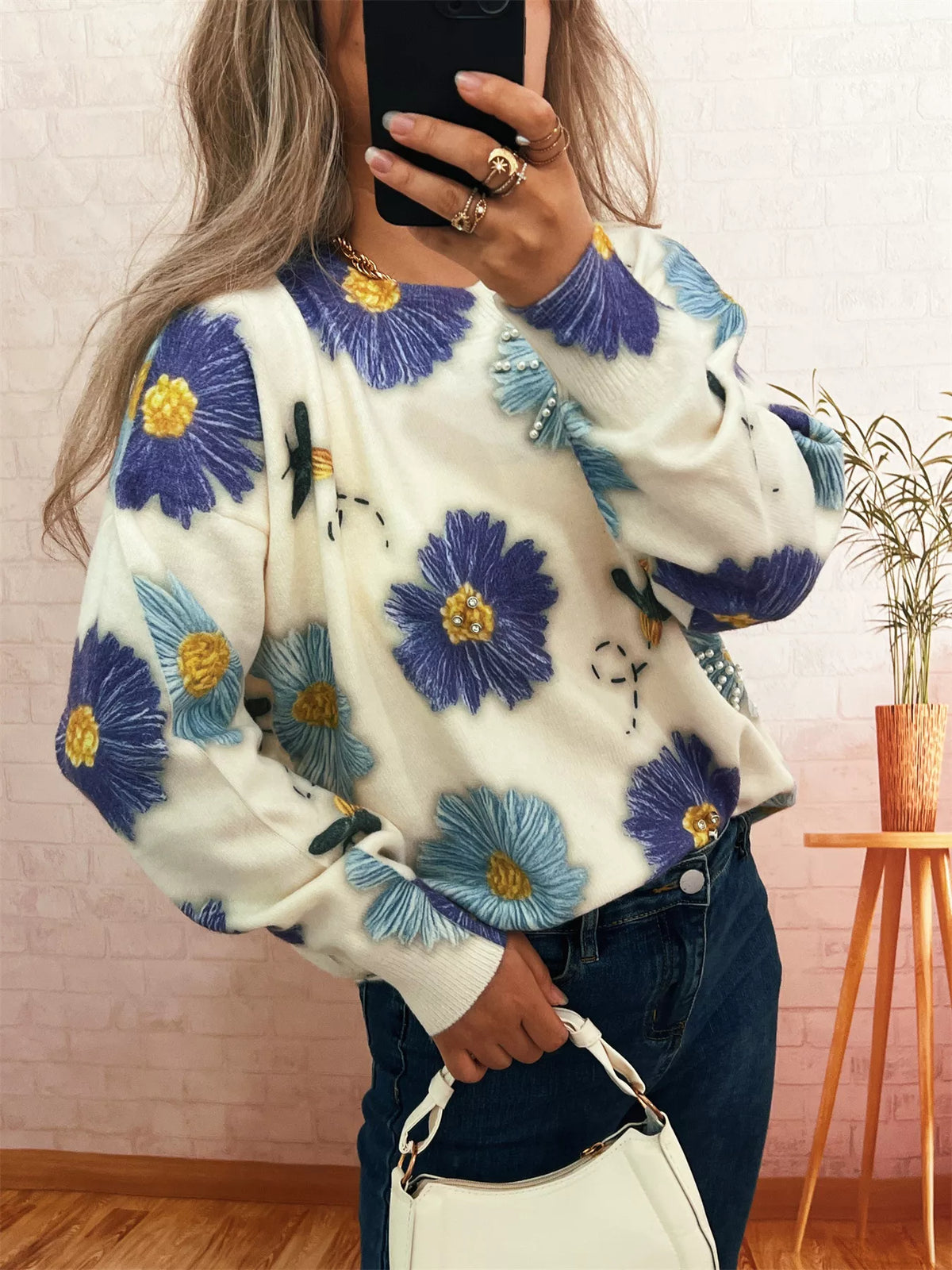 Blue Pearl detail flower round neck sweater, back view
