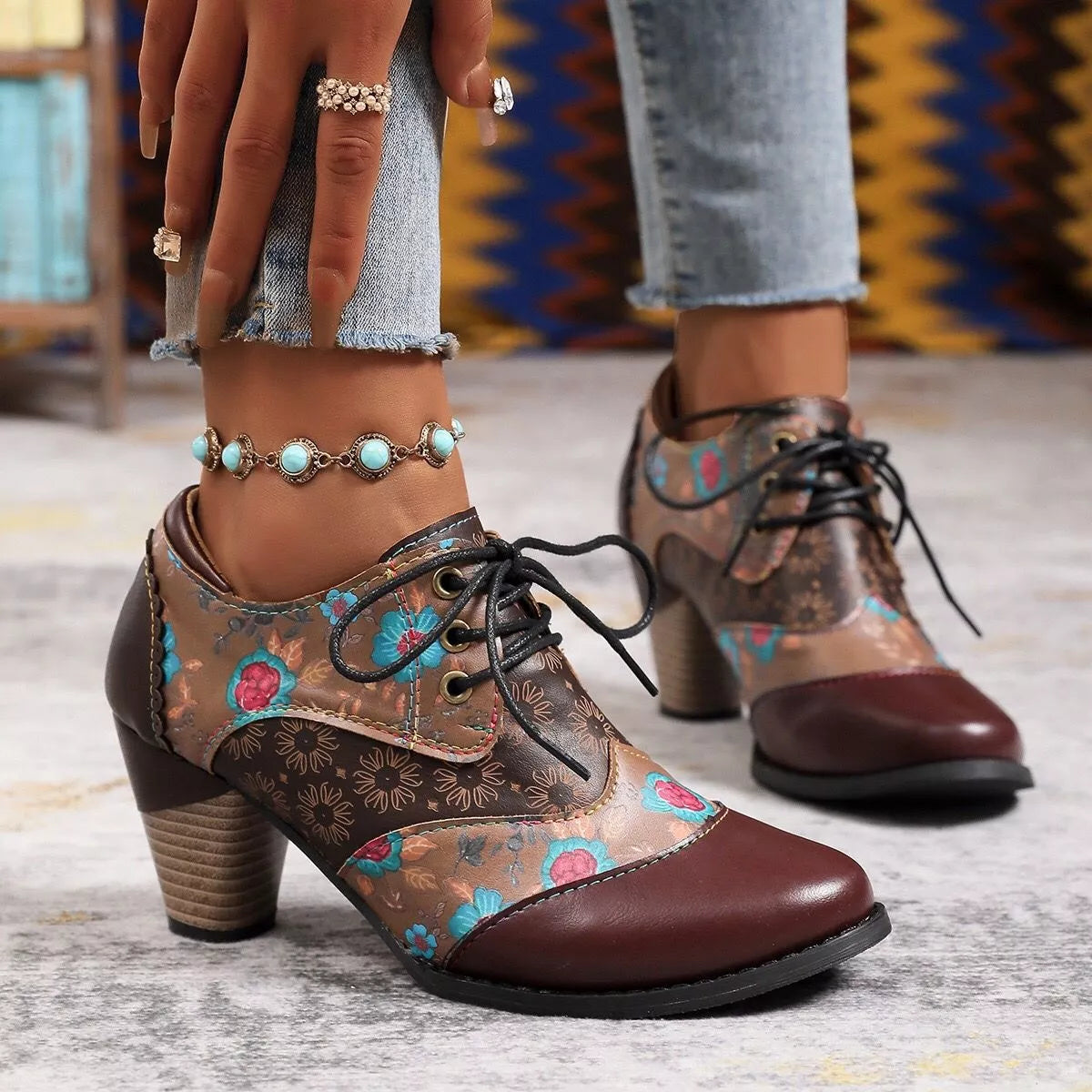 Lace up block heel ankle boots strap detail