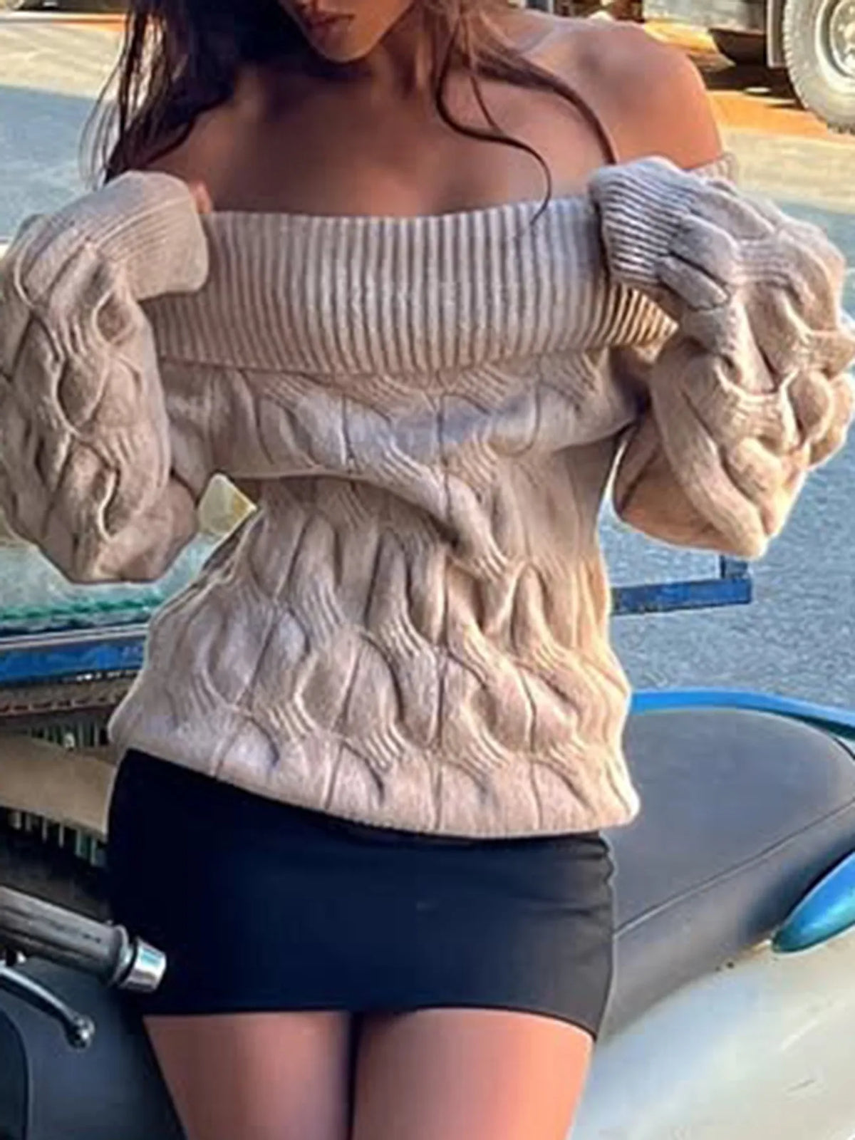 Cable Knit Off Shoulder Sweater side view