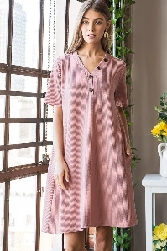 Solid Ribbed Mini Dress with Button styled look
