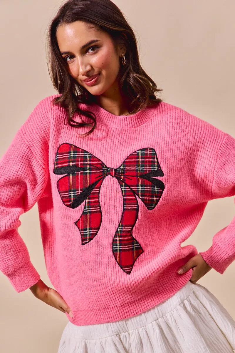 Checker Plaid Ribbon Christmas Sweater in Pink close up