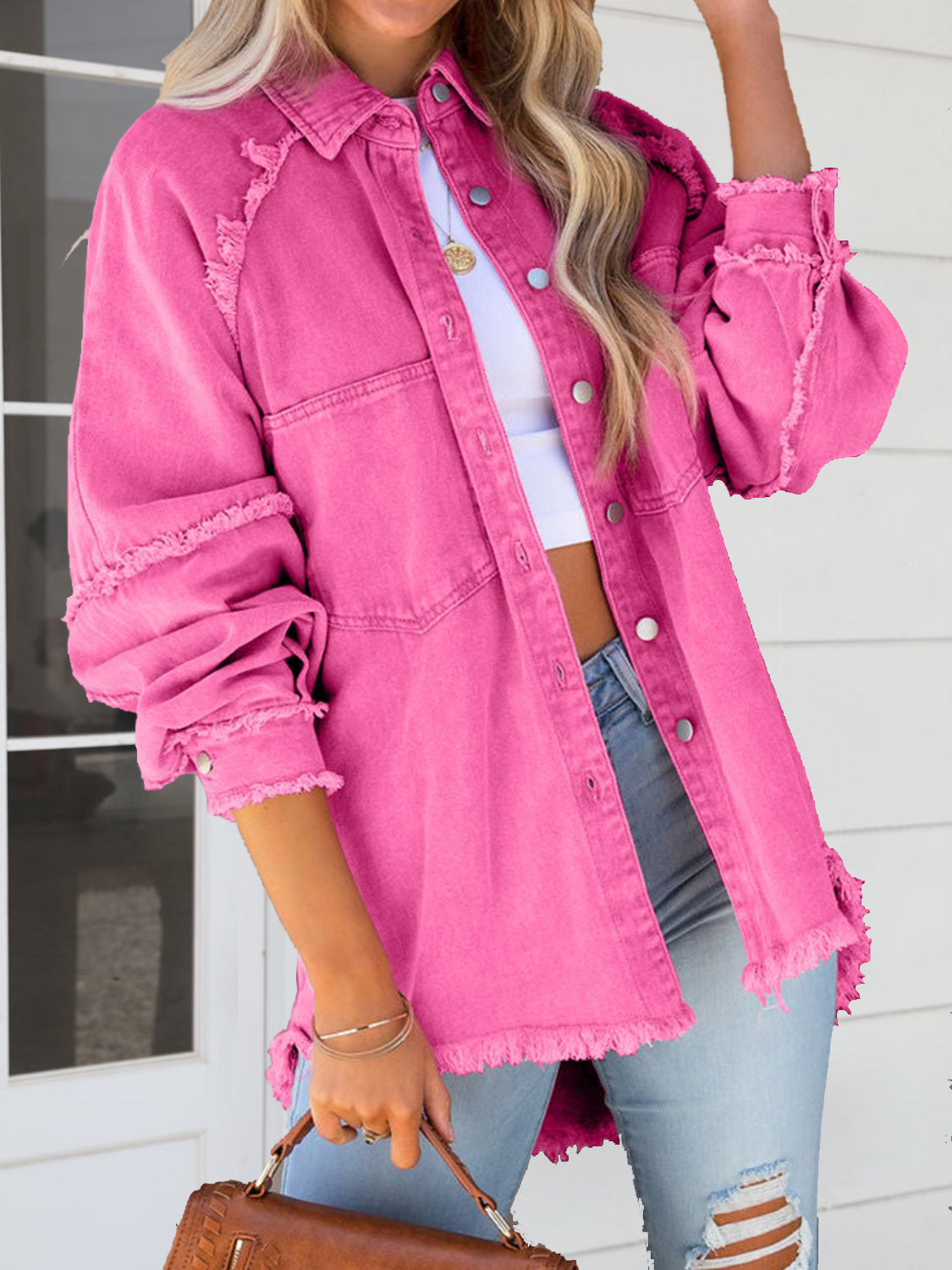 Button Down Raw Hem Denim Jacket Pink - Fashorio