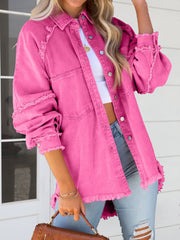 Button Down Raw Hem Denim Jacket Pink - Fashorio