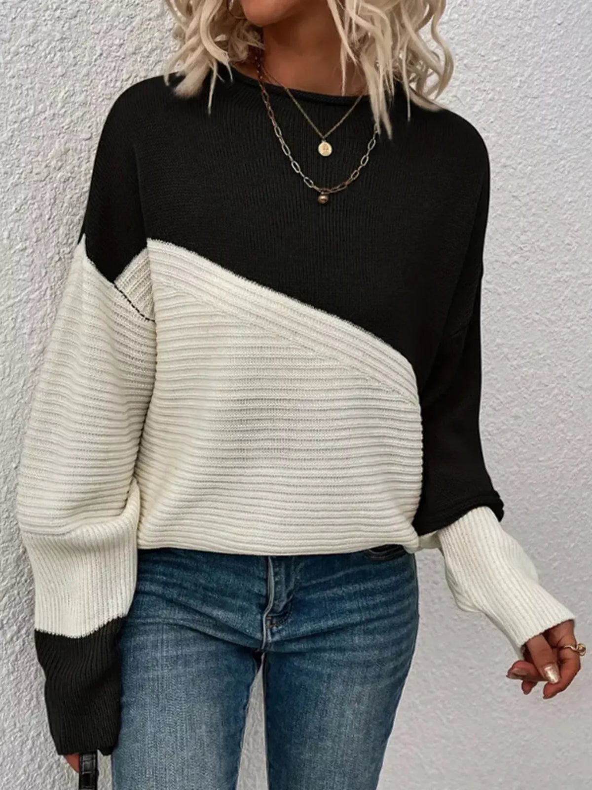 Color Block Ribbed Knit Sweater front view