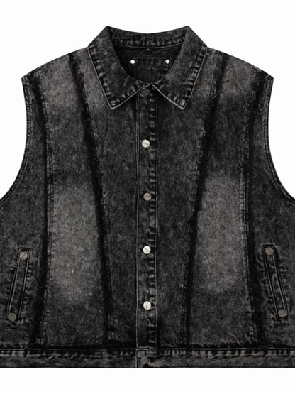 Men's Button Up Sleeveless Denim Jacket Black - Fashorio