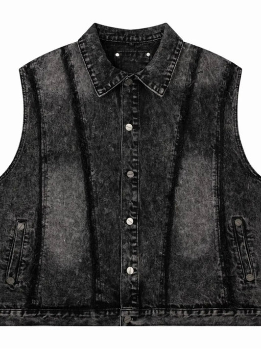 Men's Button Up Sleeveless Denim Jacket Black - Fashorio