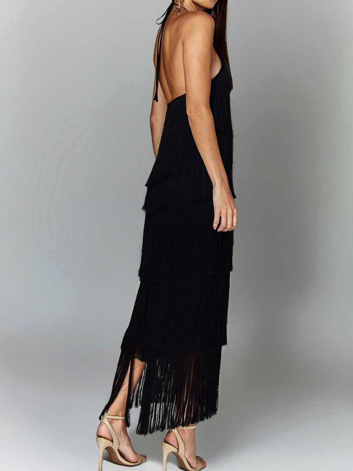 Black fringe party maxi dress front