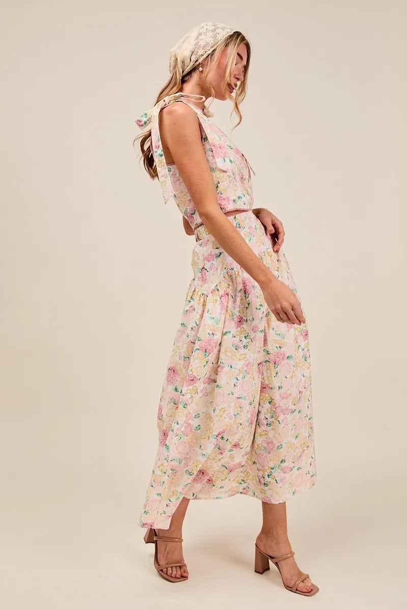 SO ME Floral Printed Woven Shoulder Bow Tie Top and Skirt Set - Fashorio
