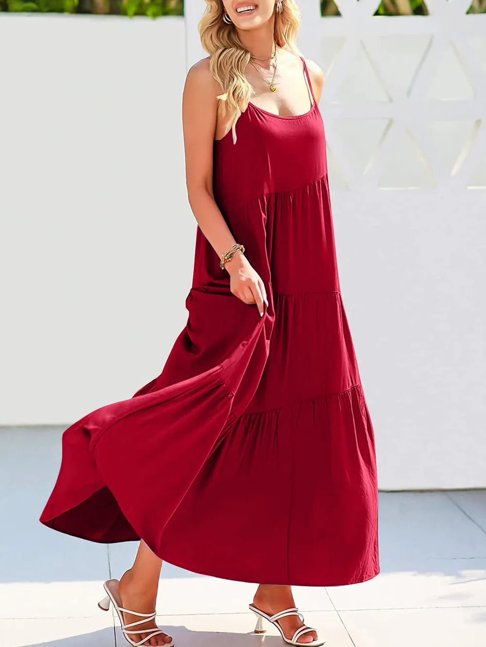 Ruched tiered maxi dress back view