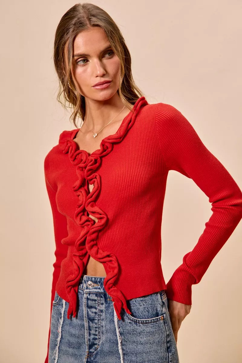 Cascade Ruffle Ribbed Knit Sweater Cardigan, view 10