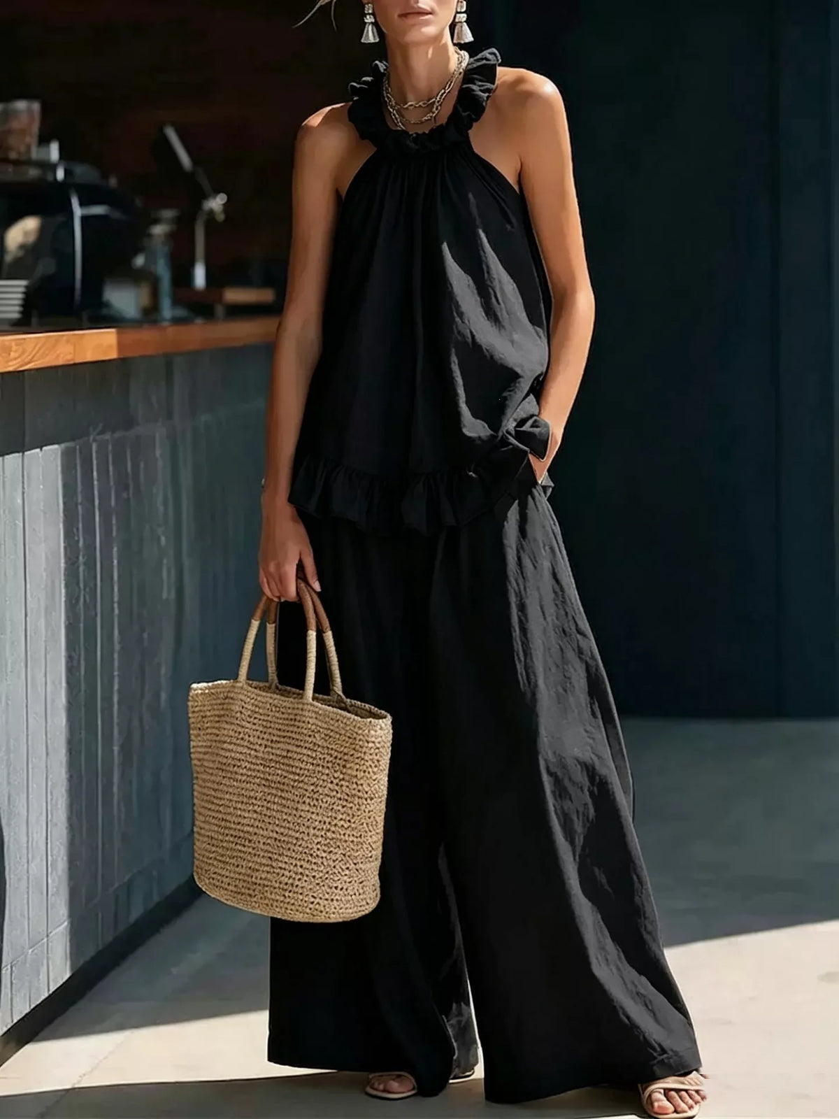 Ruffled Halter Top and Wide Leg Pants Set, view 5