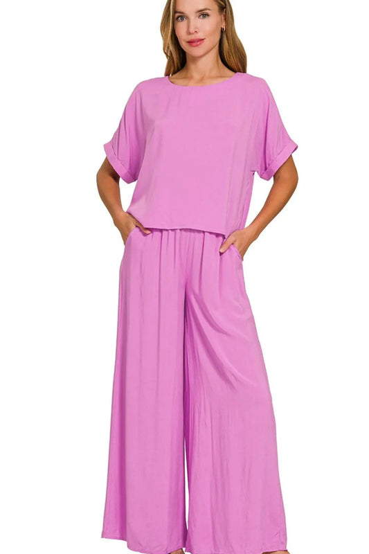 Zenana Round Neck T-Shirt and Wide Leg Pants Set BRIGHT MAUVE - Fashorio