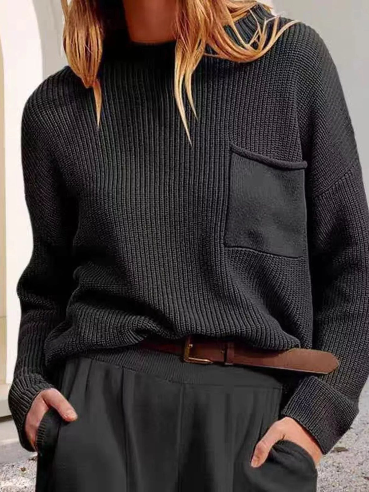 pocket detail dropped shoulder ribbed sweater fabric and knit detail