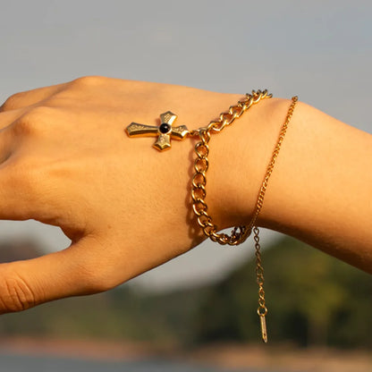 Stainless Steel Imitation Gemstone Cross Shape Pendant Bracelet - Fashorio