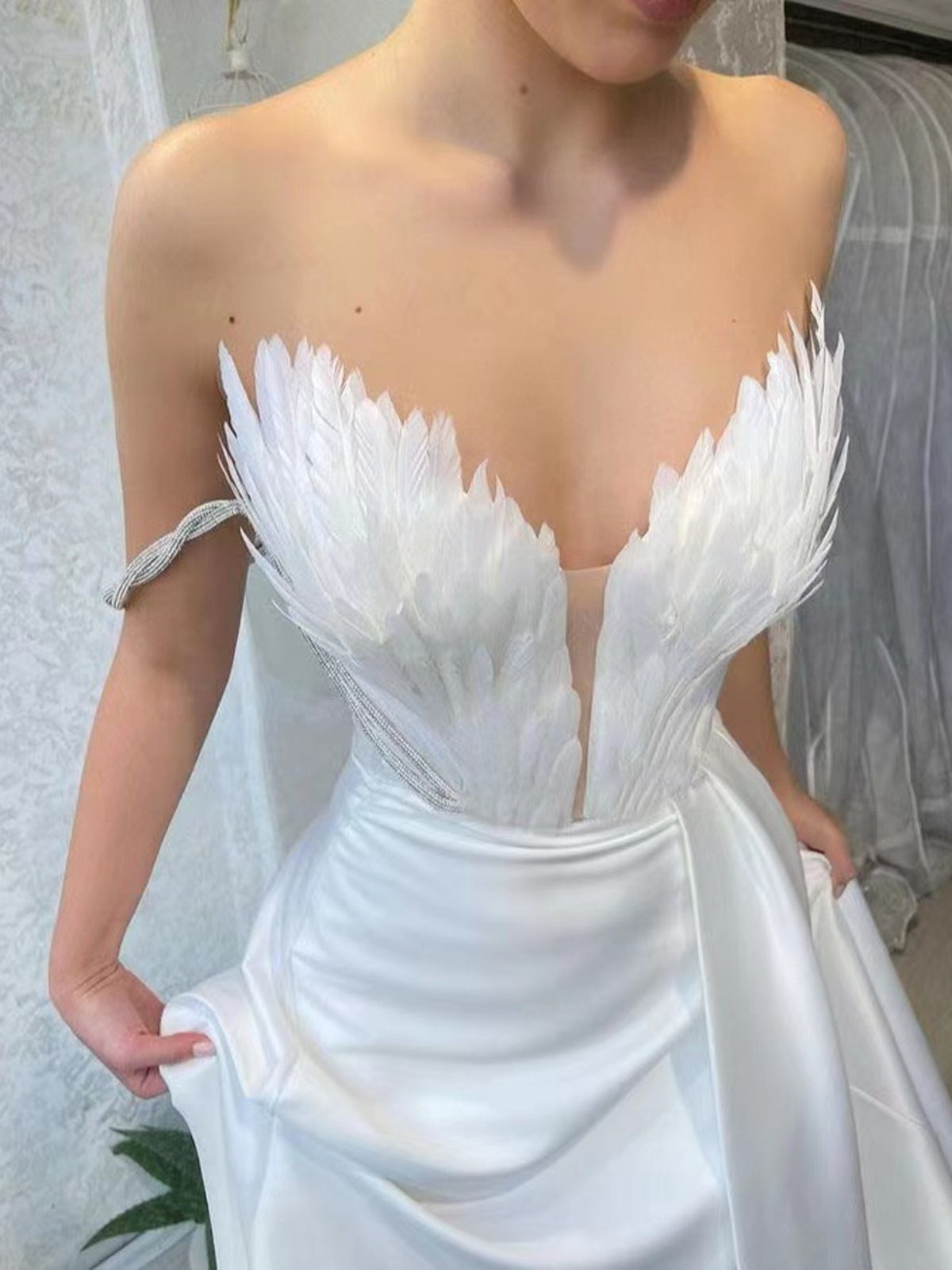 feather trim slit maxi dress fabric close up