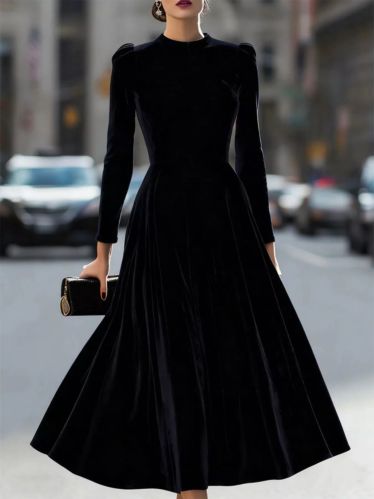 velvet long sleeve A line dress styled look