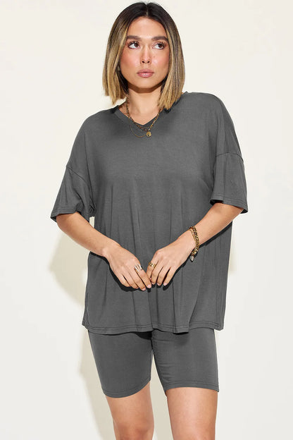 Basic Bae Full Size V-Neck Drop Shoulder T-Shirt and Shorts Set Dark Gray - Fashorio