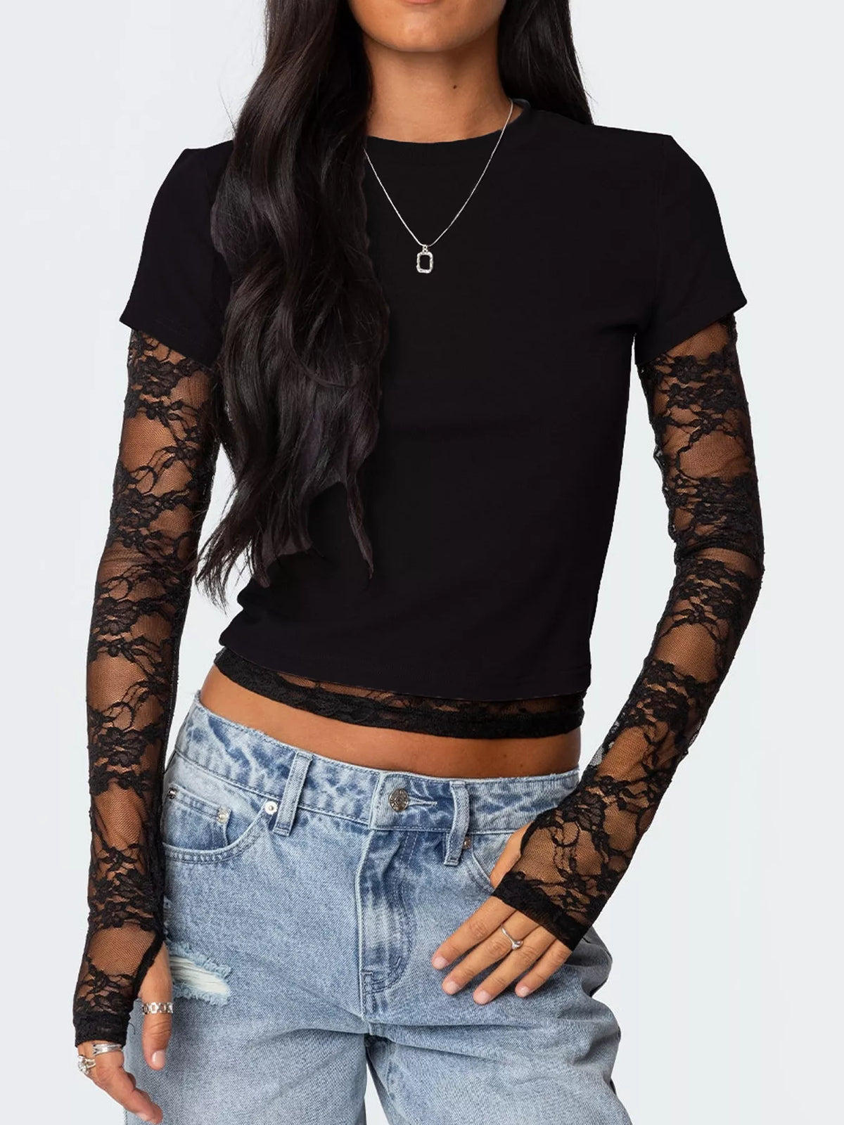 Cropped tee with sheer lace long sleeves back view