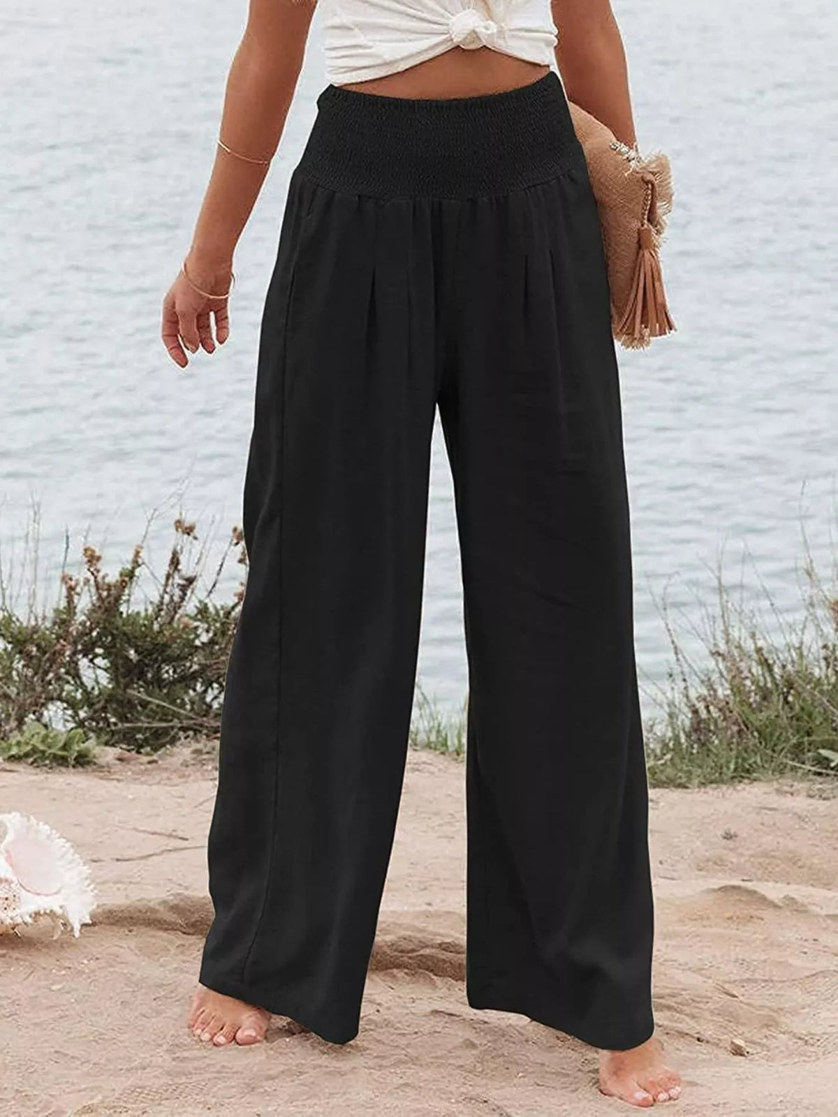 Smocked high waisted wide leg pants styled outfit view