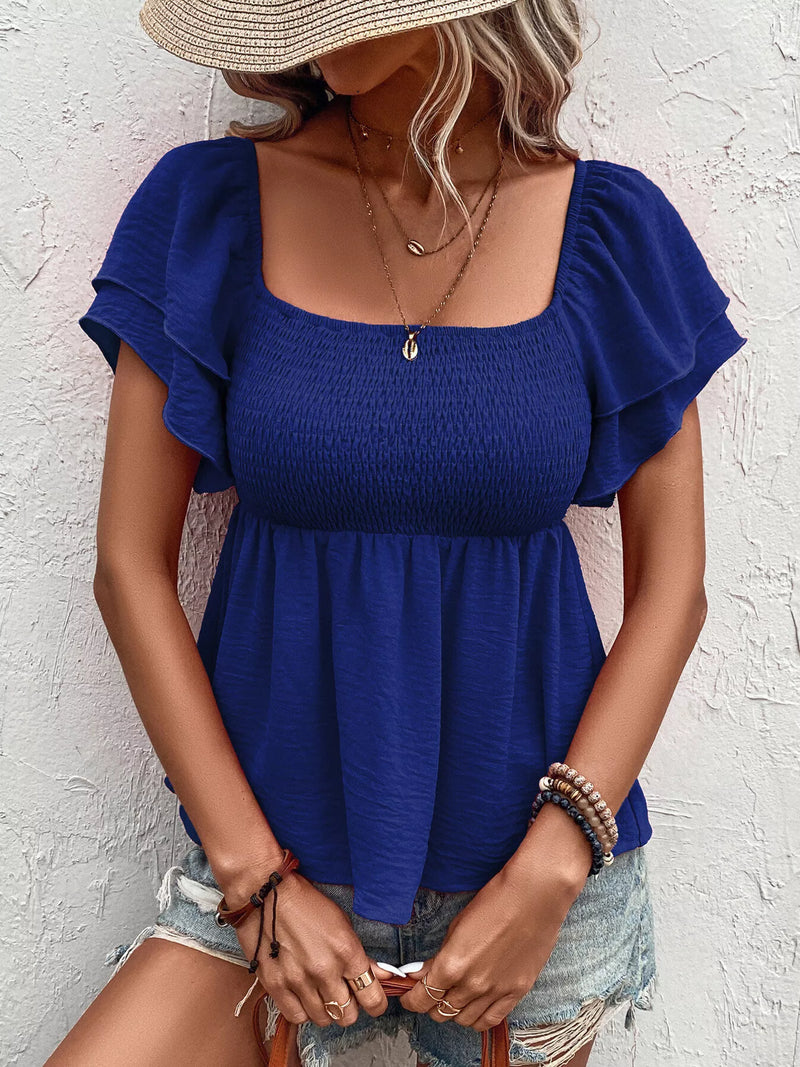 Royal blue smocked square neck ruffle blouse front view