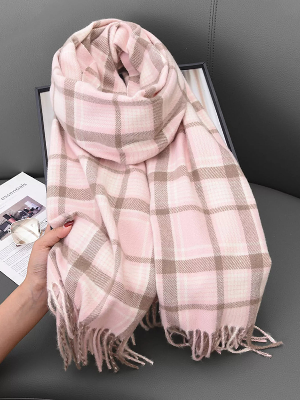 Plaid tassel hem winter scarf color option