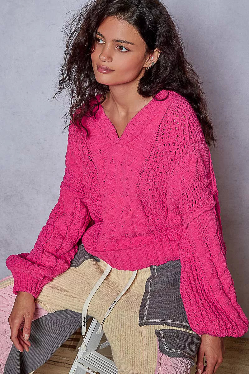 Cable Knit Cropped V Neck Sweater in Fuchsia view 10