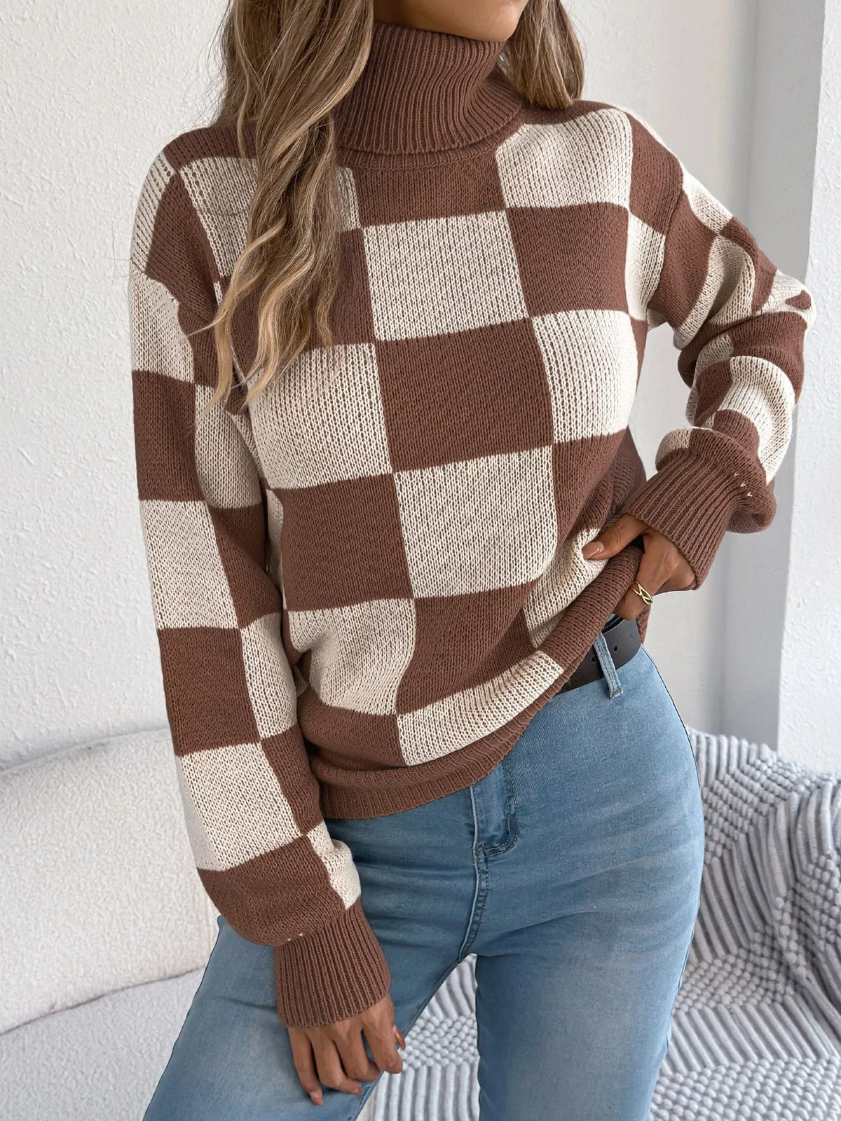 Checkered Turtleneck Long Sleeve Sweater view 11