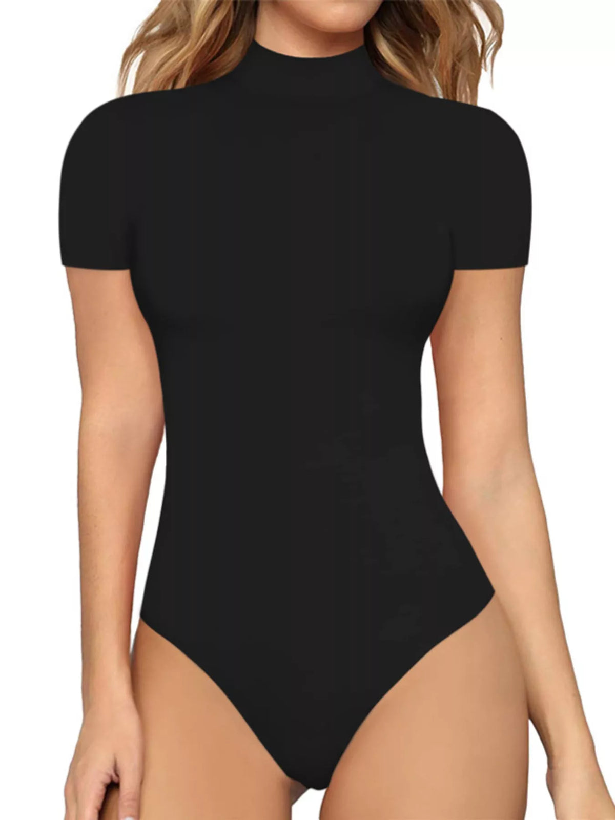 Mock neck short sleeve bodysuit back view