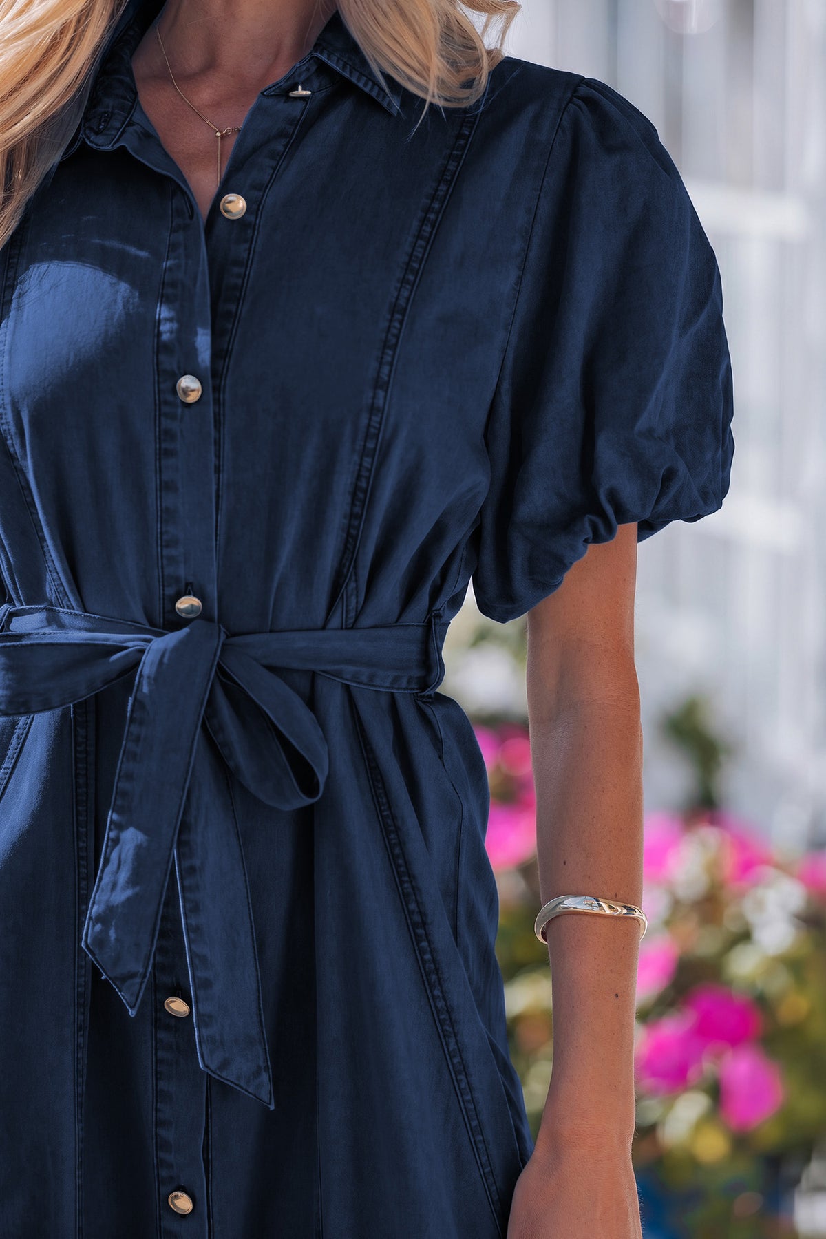 Blue denim dress complete look back styling