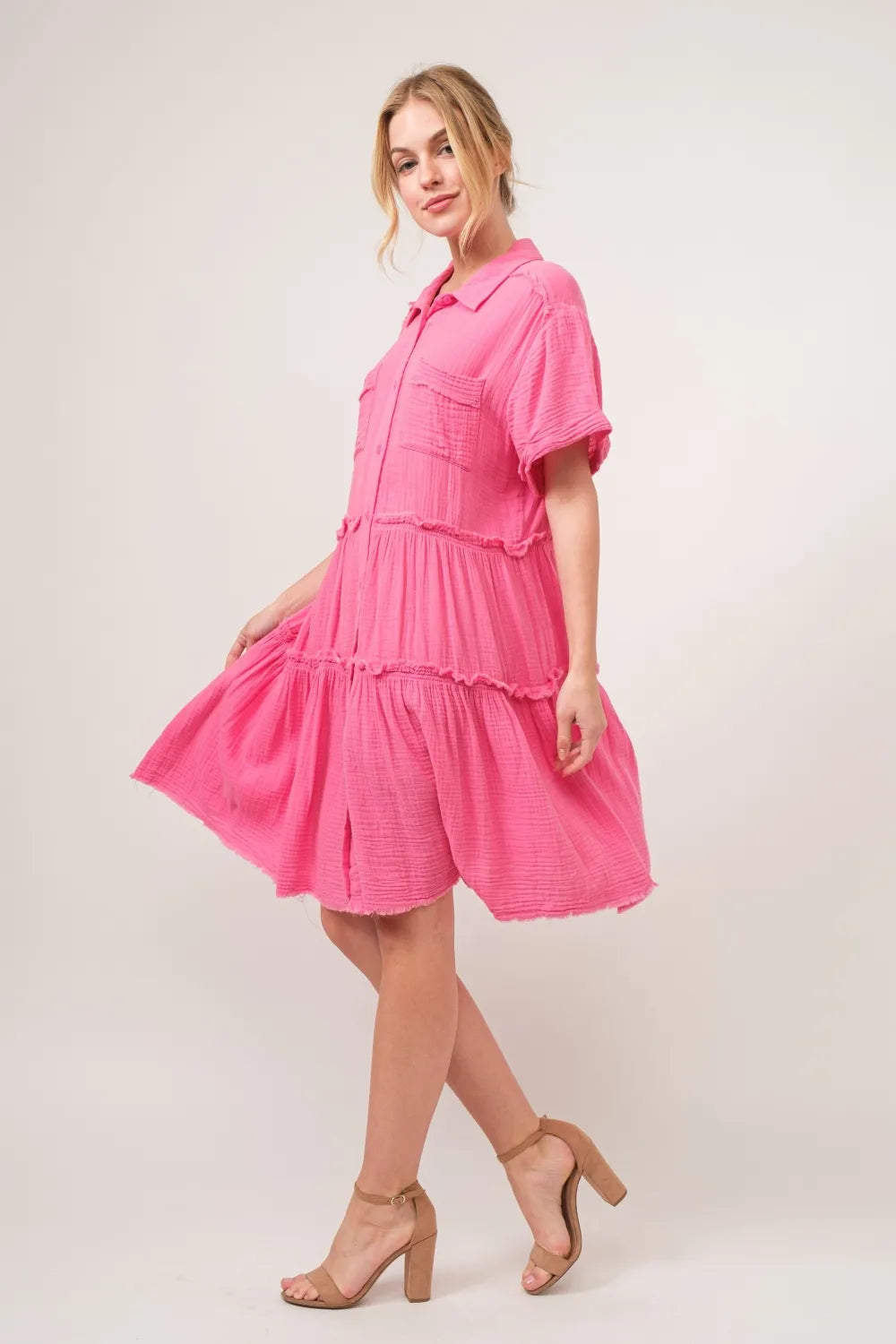 Raw Edge Washed Tiered Shirt Dress side view