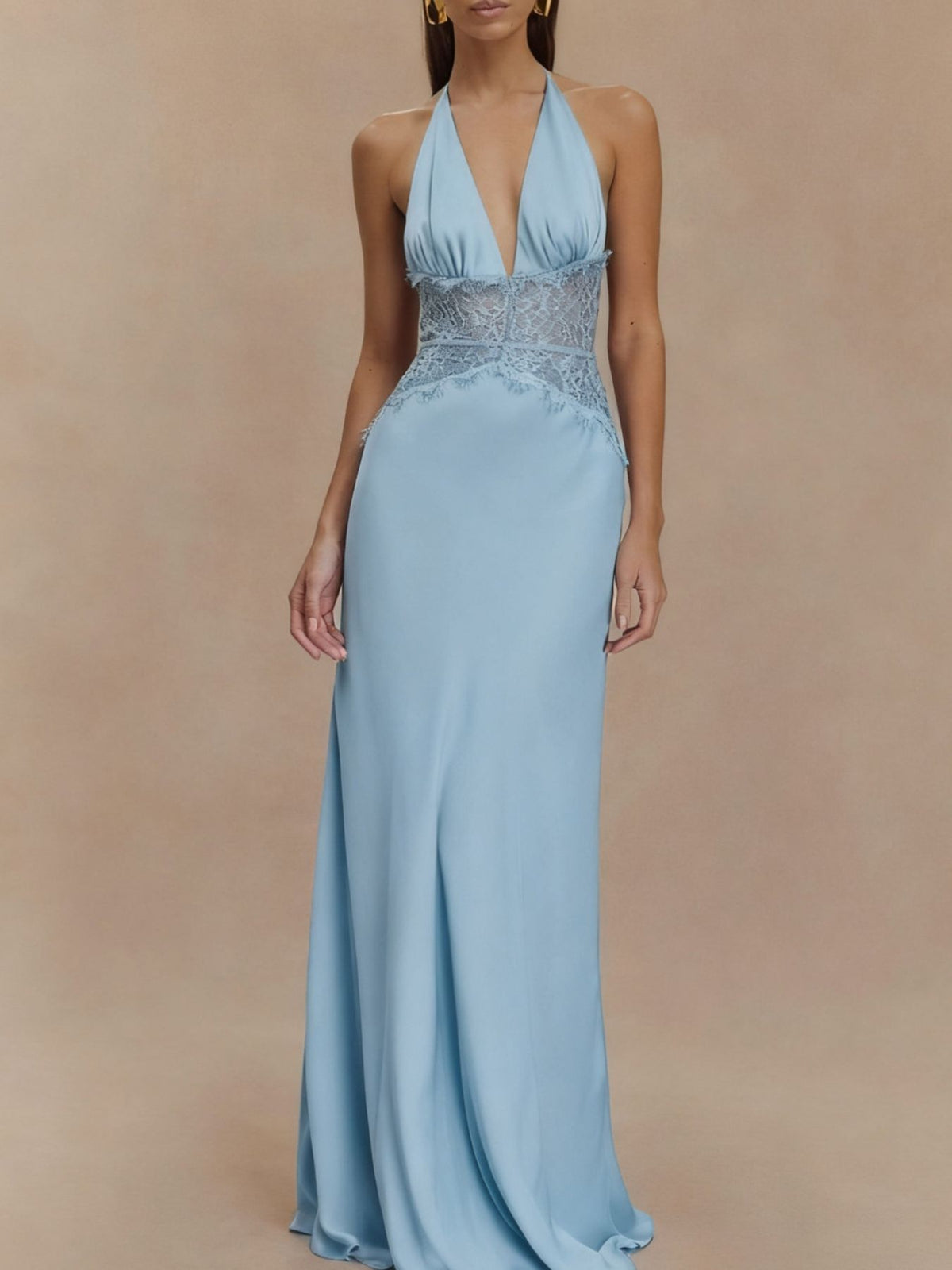 Halter neck lace trimmed maxi dress back view